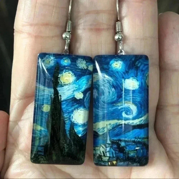 Van Gogh Starry Night Rectangle Drop Earrings NWT - Picture 1 of 3